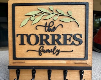 Personalized Family Name Key Holder, Real Wood Entryway Key Organizer with Shelf