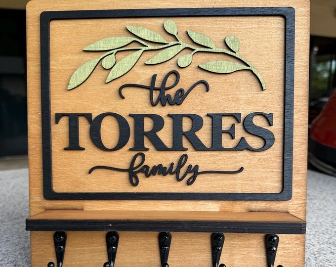 Personalized Family Name Key Holder, Real Wood Entryway Key Organizer with Shelf