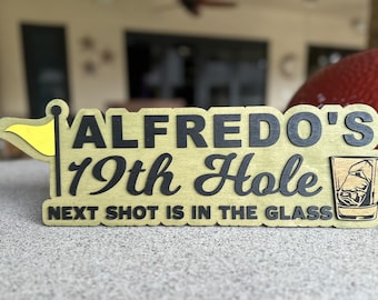 Personalized 19th Hole Bar Sign | Custom Real Wood Golf Decor for Man Cave