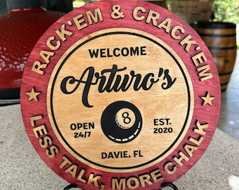 Personalized Billiards Room Sign, Custom Birch Wood Game Room Decor