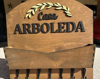 Personalized Family Name Key & Mail Holder | Wall Mounted Real Wood key and mail Organizer