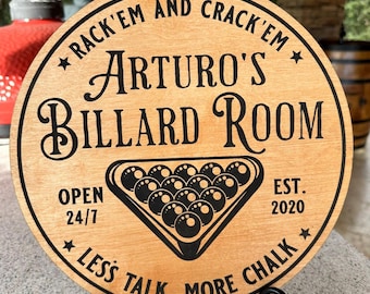 Personalized Billiard Room Sign, Custom Birch Wood Man Cave Decor