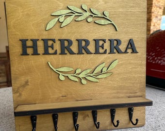 Custom Family Name Key Holder with Shelf - Handmade Wood and Metal Hooks, Choose Stain & Size