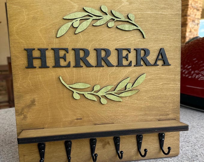 Custom Family Name Key Holder with Shelf - Handmade Wood and Metal Hooks, Choose Stain & Size