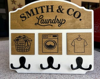 Personalized Handcrafted Laundry Room Sign with Hooks | Custom Wall Decor