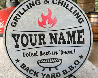 Personalized BBQ Wooden Sign, "Grilling and Chilling" Outdoor Grill Decor