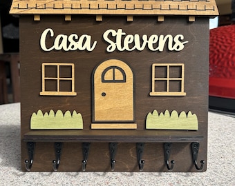 Personalized Metal Hook Key Holder - Handcrafted Spanish House Design, Display Your Family Name, Custom Sizes & Colors