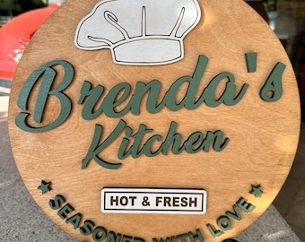 Personalized Wood Kitchen Sign, Engraved "Seasoned with Love" Design