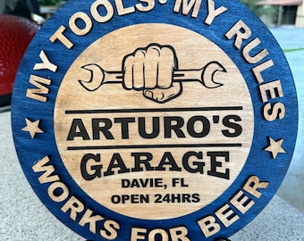Custom Garage Wood Sign, Wrench & Fist, Personalized Decor