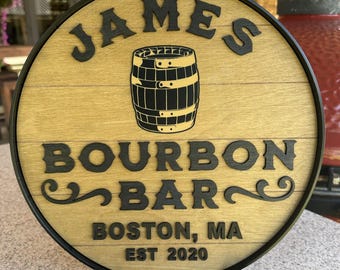 Personalized Bourbon Barrel Bar Sign, Custom Wooden Man Cave Decor