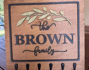 Personalized Family Name Wall Key Holder, Real Wood Entryway Organizer with Hooks, Custom Last Name Sign, Perfect Housewarming Gift