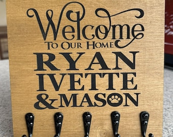 Personalized Family Name Key Holder – Real Wood Engraved Entryway Organizer