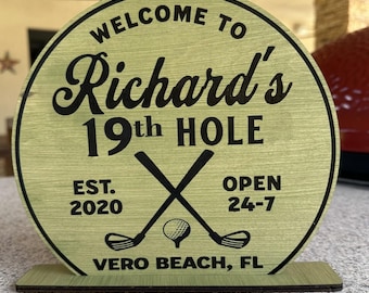 19th Hole Golf Bar Decor - Personalized Handmade Self-Standing Sign in Various Colors