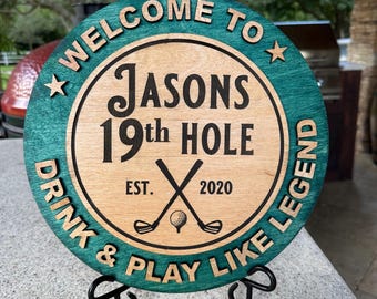 Handmade 19th Hole Golf Sign | Personalized Wooden Home Bar Decor | Custom Size & Stain Options
