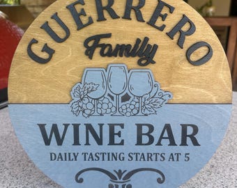 Handcrafted Personalized Wine Bar Sign - Real Wood with Family Name, Choose Size & Color Options