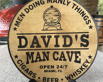 Personalized Birch Wood Man Cave Sign, Custom Home Bar Decor