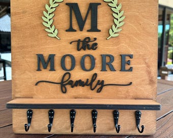 Handmade Family Name Key Rack with Shelf | Custom Organizer for Keys