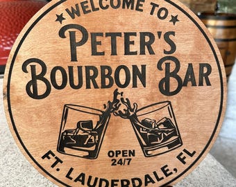 Personalized Bourbon Bar Sign, Custom Birch Wood Man Cave Decor