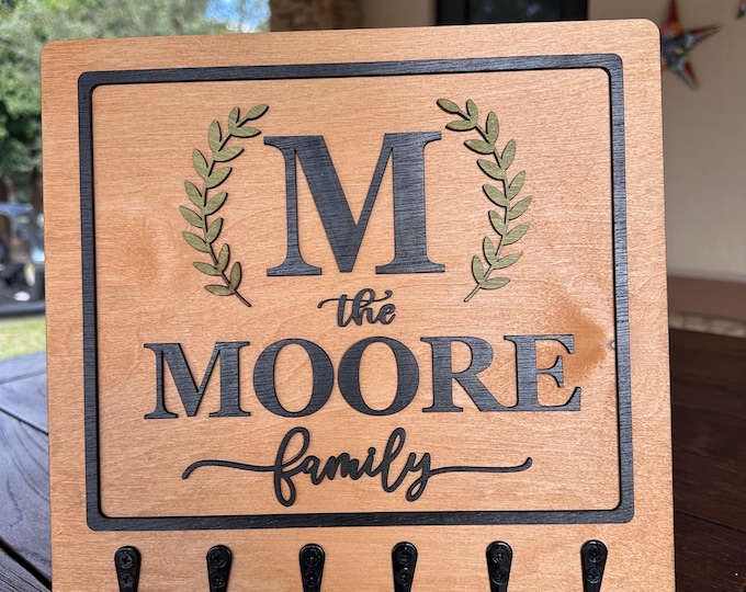 Personalized Family Name Wall Key Holder, Real Wood Entryway Organizer with Hooks, Custom Last Name Sign, Perfect Housewarming Gift