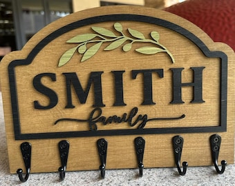 Personalized Family Name Key Holder, Real Wood Entryway Organizer, Wall Mounted Key Hooks