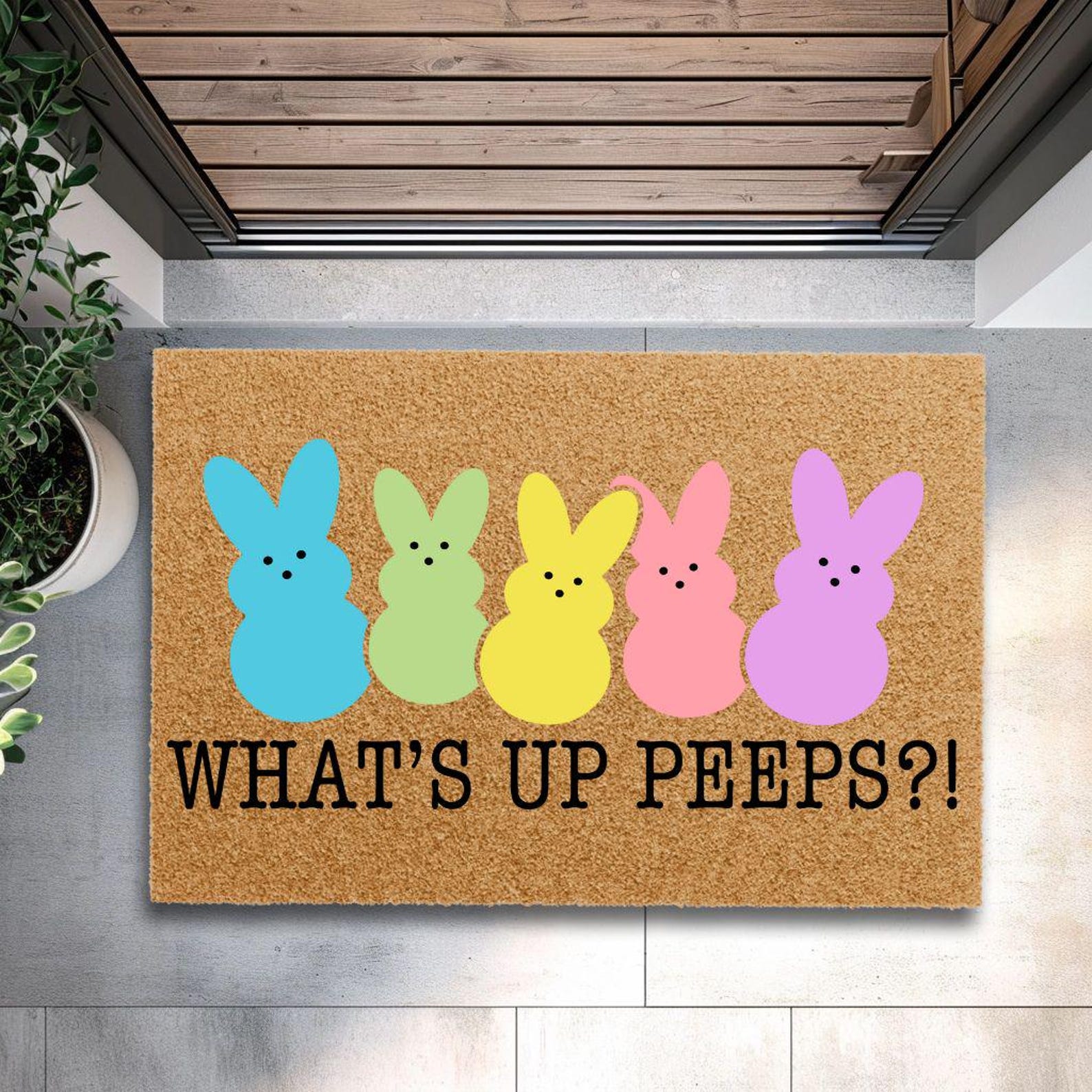 Whats Up Peeps Colorful Pastel Doormat | Easter Bunny Front Doormat | Colorful Spring Welcome Mat Outdoor Spring Porch Decor | Home Gift