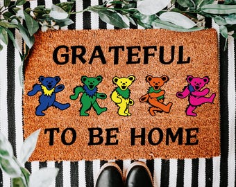 Grateful to Be Home Doormat | Colorful Dancing Bears Welcome Mat | Cozy Housewarming Gift | New Home Gifts | Funny Front Door Rug | New Home
