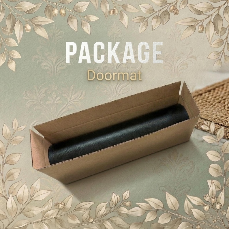May include: A rolled-up black doormat inside a cardboard box. The box is open, revealing the product. The word "PACKAGE" is printed in white above "Doormat" in a decorative font. The background has a floral design.