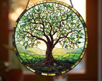 Handmade Tree of Life Stained Glass Window Hanging, Nature Decor, Nature Scene Wall Art, Meaningful Family Tree Gift, Peaceful Home Decor