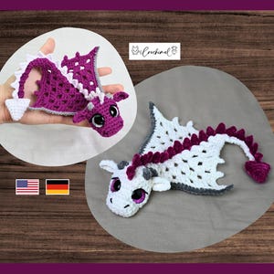 Patrón de dragón de crochet en alemán e inglés, patrón de amigurumi de crochet en alemán, dragón de crochet, dragón pequeño, patrón de peluche de crochet