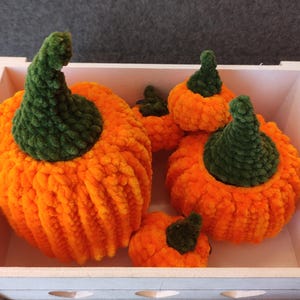 May include: Five crocheted pumpkins in a white wooden crate. The pumpkins are orange with green stems.