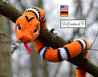 snake crochet pattern english and german, pdf download, crochet amigurumi snake pattern, low sew crochet animal, crochet plush pattern