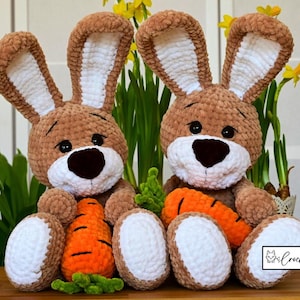May include: Two brown crocheted plush bunnies holding orange crocheted carrots. The bunnies have white crocheted ears and faces. The bunnies are sitting on a wooden surface in front of a green plant.