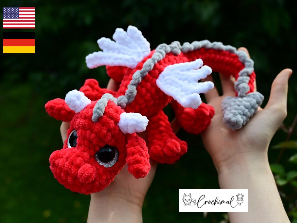 かぎ針編みのドラゴンのパターン、PDFダウンロード、ドイツ語と英語の