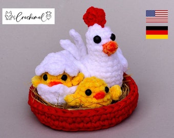 Osternest; Häkelanleitung deutsch; Häkelanleitung englisch; digitaler pdf Download; Huhn; Küken; Henne; Körbchen; Ostern; crotchet pattern