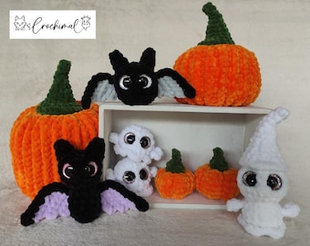 6 crochet patterns Halloween set, english, german, pumpkin box, easy little pumpkin, 2 sizes ghosts, 2 sizes bats, autumn decoration pattern
