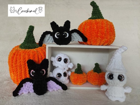 6 Anleitungen; Halloween Set Häkelanleitung; Kürbisdose, kleiner Kürbis, 2 Größen Gespenster, 2 Größen Fledermäuse; Muster deutsch, englisch