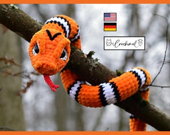 snake crochet pattern english and german, pdf download, crochet amigurumi snake pattern, low sew crochet animal, crochet plush pattern