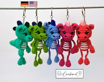 dinosaur key chain crochet pattern english and german, pdf download, amigurumi key chain, baby dino pattern, small crochet dinosaur, gift