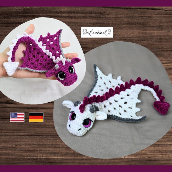 dragon snuggler crochet pattern, english and german, crochet pattern amigurumi, plushie crochet pattern, small dragon crochet pattern