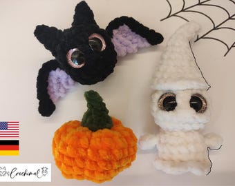 3 patterns; Halloween crochet pattern set; english; german; pdf download; crochet little bat; pumpkin crochet pattern; crochet ghost pattern