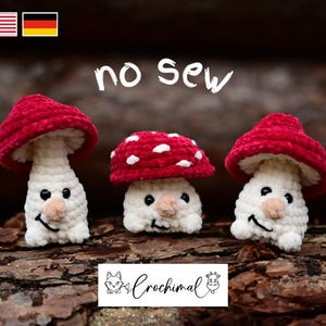 May include: Three crocheted mushroom ornaments with red and white felt caps and white felt bodies. The mushrooms are sitting on a wooden log. The text "no sew" is written above the mushrooms.