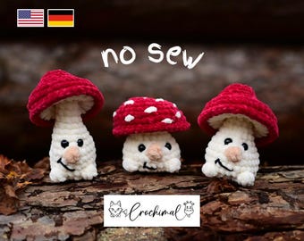 3 mushroom guys crochet pattern english and german, pdf download, crochet funny mushrooms with a face, crochet no sew amigurumi pattern