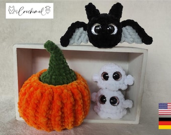 3 patterns; pumpkin box; bat crochet pattern; crochet little ghost; pdf download; amigurumi crochet pattern; english; german; autumn pattern