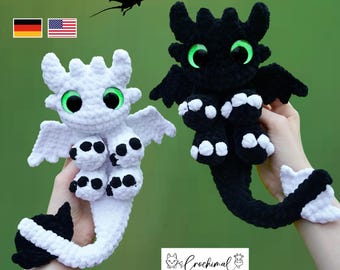 dragon crochet pattern, english, crochet amigurumi pattern, crochet dragon black white, crochet plushie pattern, snuggler crochet pattern