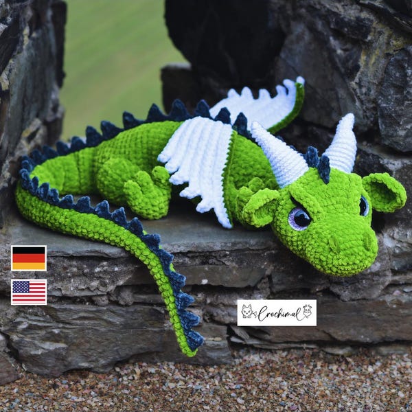 Haakpatroon voor een draak, Duits, Engels, gehaakte draak, amigurumi haakpatroon, een grote draak haken, amigurumi haakpatroon in het Duits