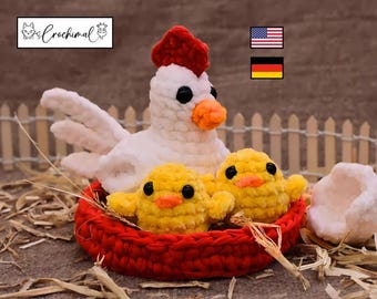 Easter basket crochet pattern english and german, digital pdf download, Spring amigurumi crochet pattern, crochet chicken plush, chicks