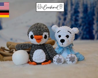 2 crochet patterns english and german, pdf download, crochet polar bear and penguin pattern, crochet toy pattern for Christmas and winter
