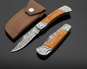 Damast-Stahl Klappmesser | Handgefertigte Taschenmesser mit Lederetui | Personalisiertes Geschenk für Männer, Jubiläum Geburtstagsgeschenk, Best Dad Geschenk