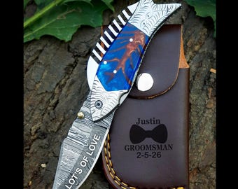 Coltello tascabile personalizzato a forma di pesce, coltello pieghevole in acciaio Damasco, regalo per uomo, regalo per testimoni dello sposo, coltello inciso, regalo di anniversario per lui