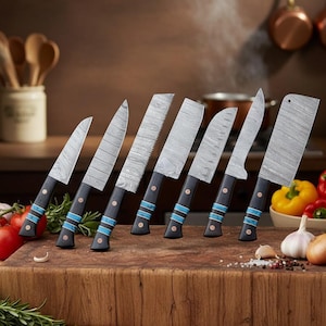 Premium Damascus Steel Chef Knife Set 7 Piece Professional Kitchen Knives Handmade Gift for Chefs, Weddings & Anniversaries gift for cooking